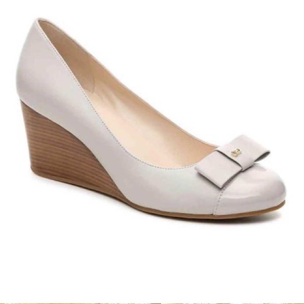 8.5 Cole Haan Adair grey leather wedge with box bow and patent toe